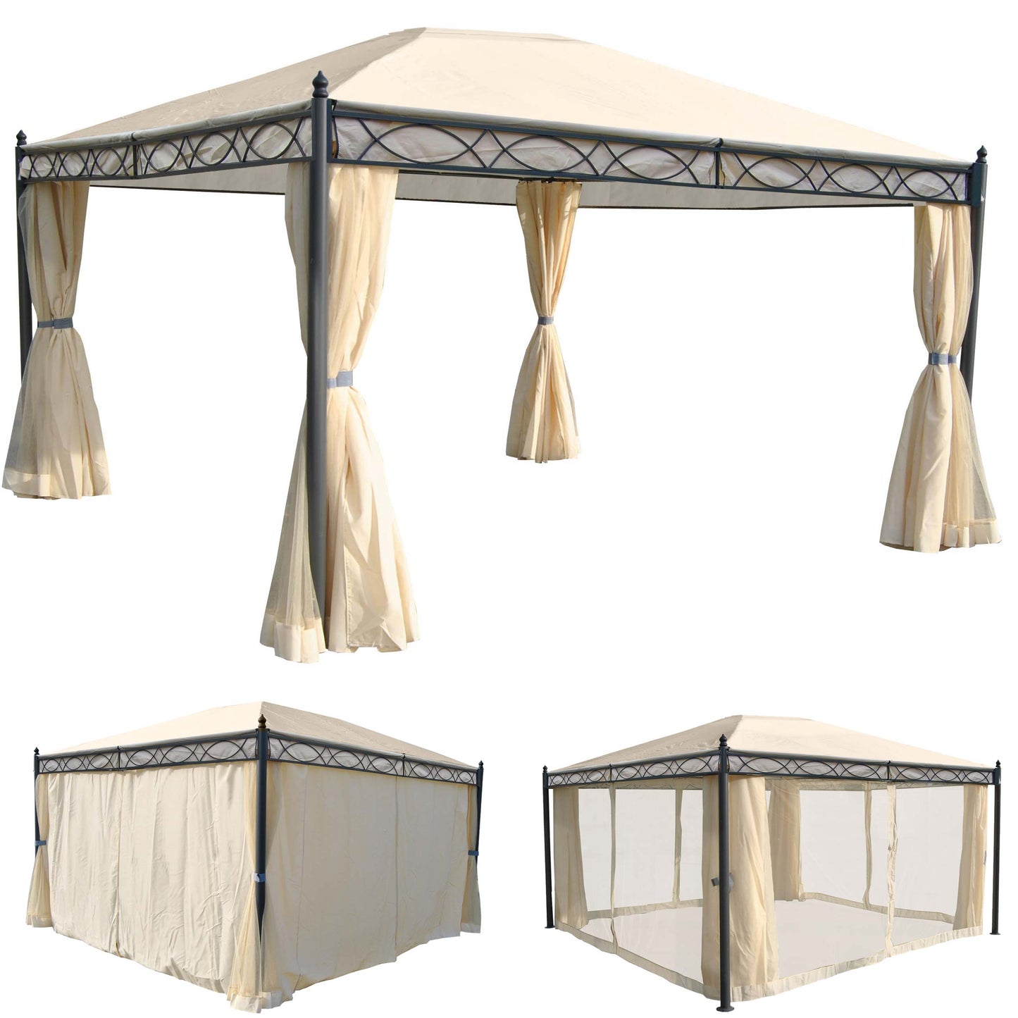 Pergola Cadiz, tuinpaviljoen, stevig 7cm frame met zijwand + muggengaas ~ crème 4x3m
