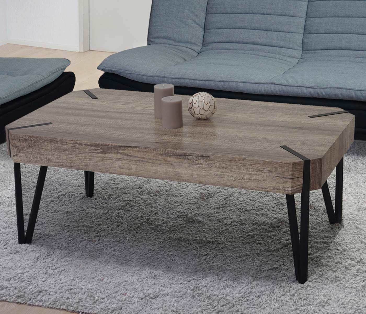 Kos T573 salontafel, woonkamertafel, 43x110x60cm MVG-gecertificeerd ~ wild eiken, donker metalen poten