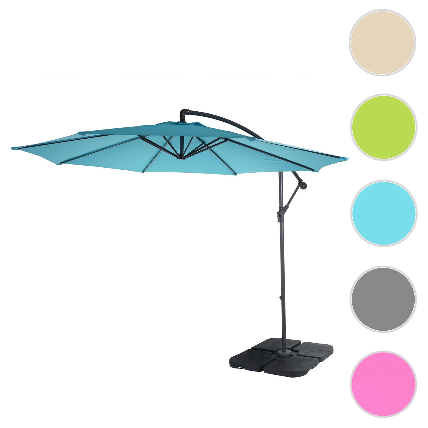 Acerra zweefparasol, parasol, Ø 3m kantelbaar, polyester/staal 11kg ~ turquoise-blauw met voet