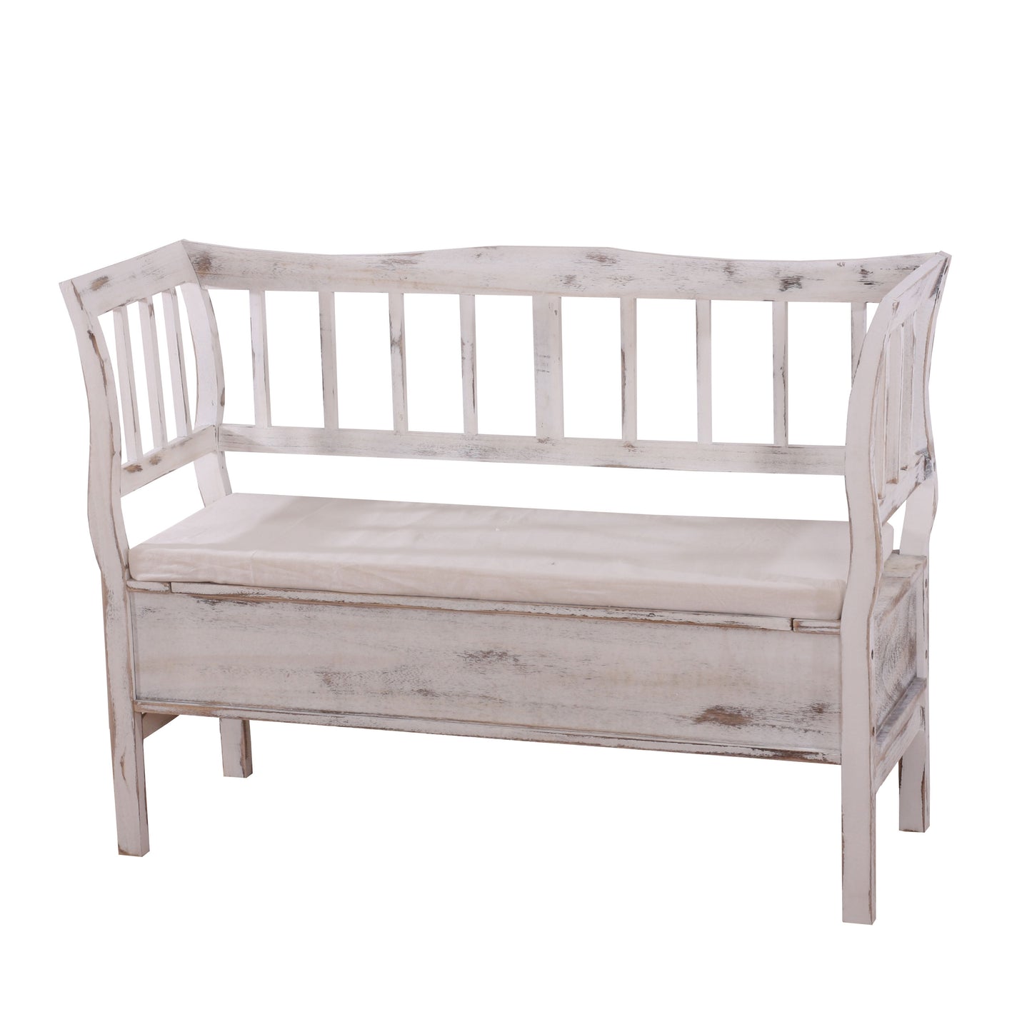 Bank T207, bankkist houten bank opbergkist, opbergvak kussen hout 119cm ~ wit, shabby