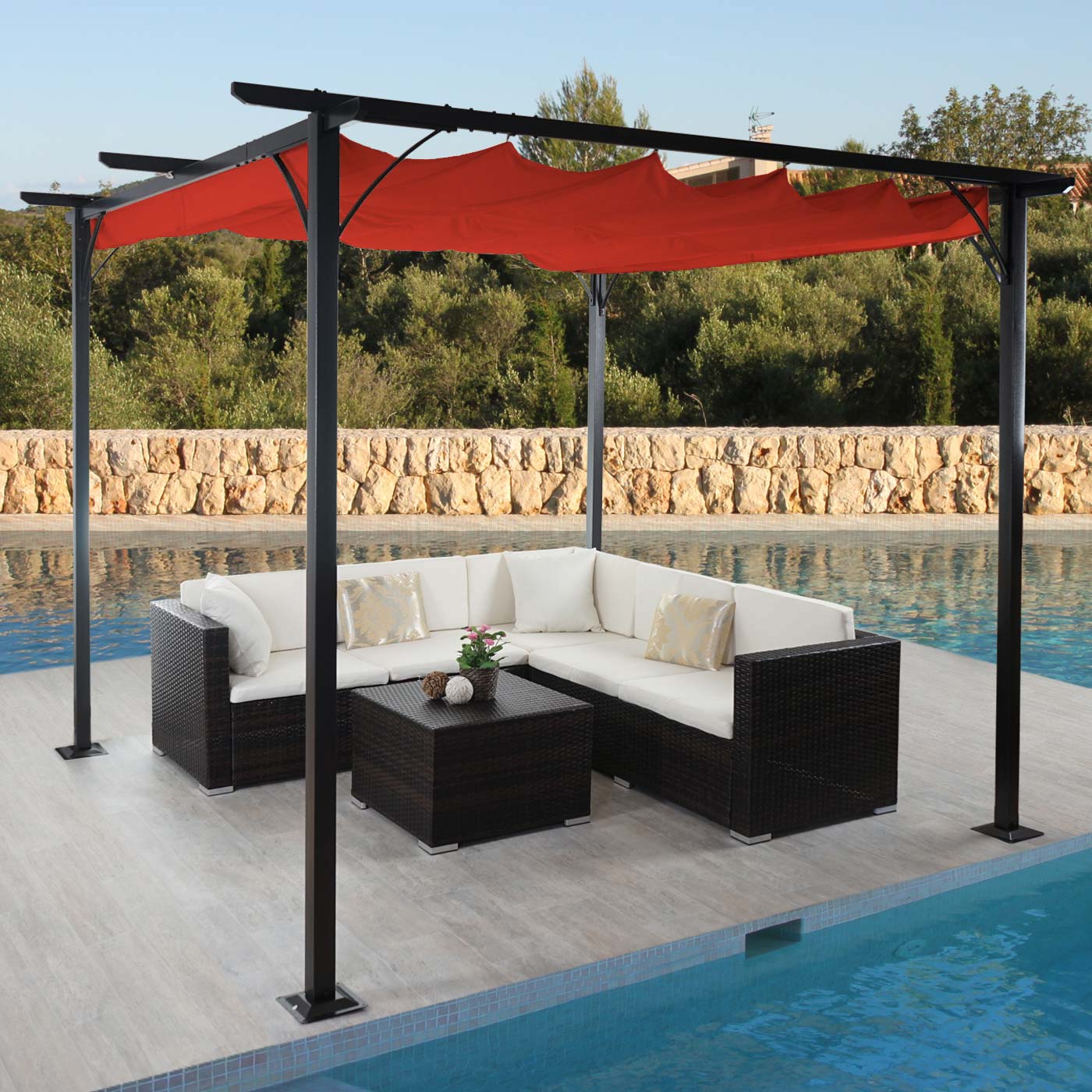 Pergola MCW-C42, tuinpaviljoen, stevig 6cm frame + schuifdak ~ 3,5x3,5m terracotta