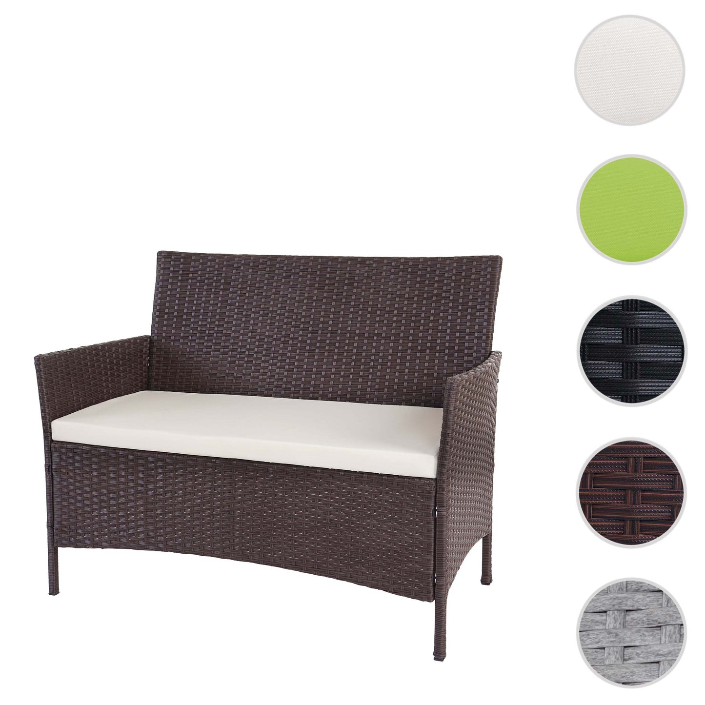 Poly-rattan tuinbank Halden, zitting ~ bruin-gemarmerd, kussens crème