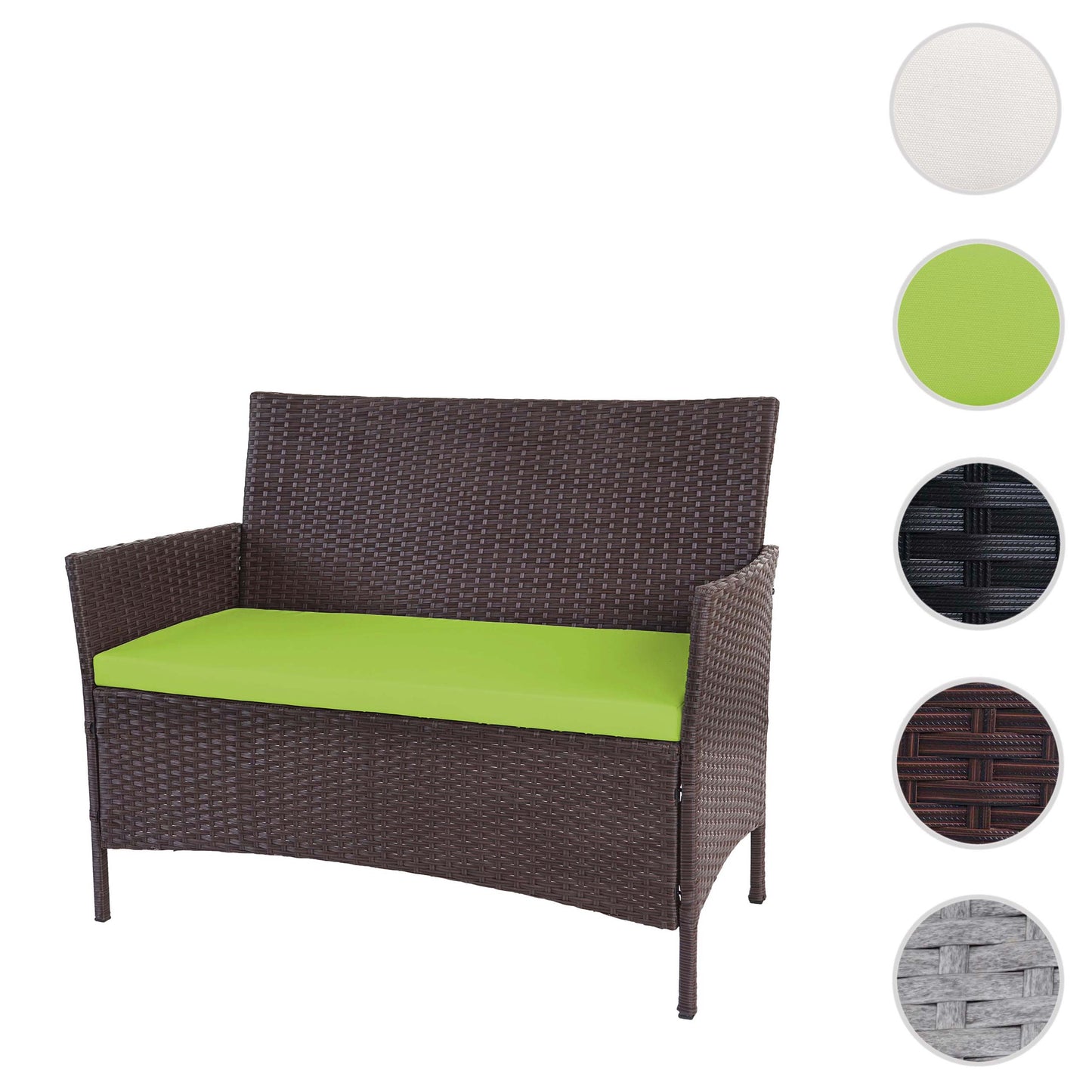 Halden poly rotan tuinbank, zitbank ~ bruin-gevlamd, groene kussens