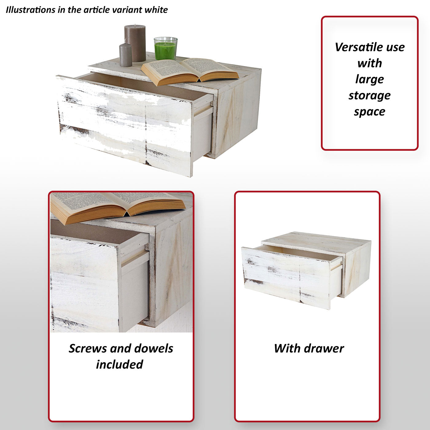 Wandplank MCW-C55, lade plank, shabby-look vintage, 21x46x30cm ~ bruin