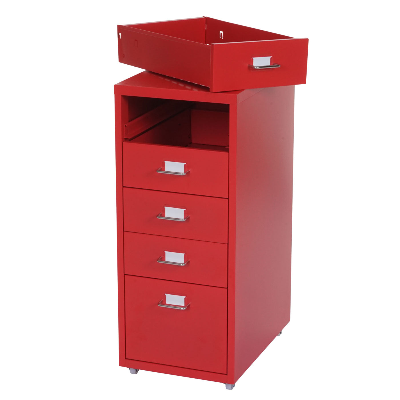 Trolley kast Boston T851, stalen ladekast, 69x28x41cm 5 laden ~ rood