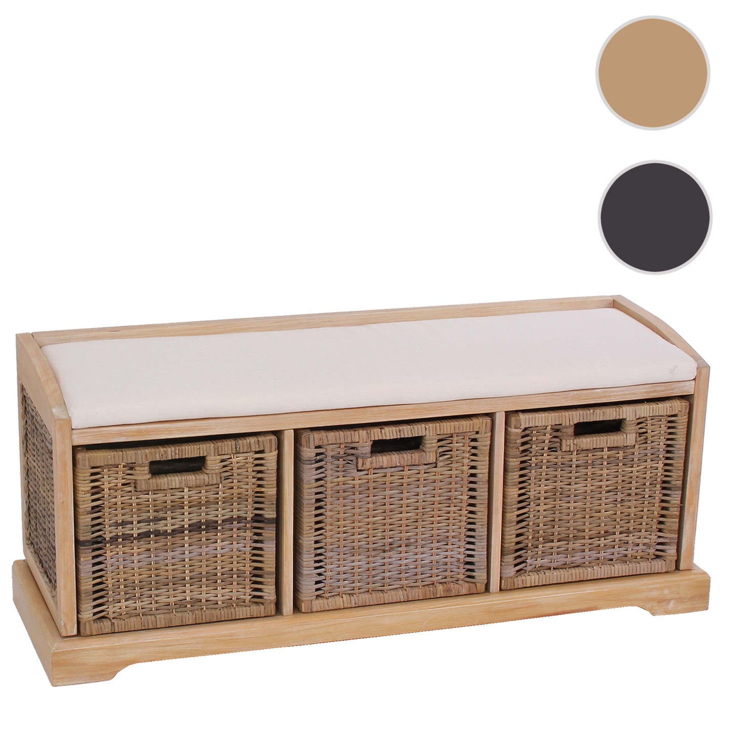 Bienne bank, opbergdoos, 3 manden, Kubu rotan vlechtwerk, 112x46x37cm ~ lichtkleurig