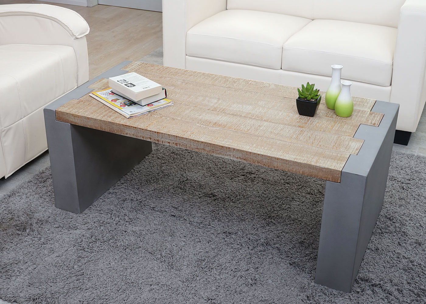 Salontafel MCW-A15, woonkamertafel, betonlook dennenhout rustiek massief MVG-gecertificeerd 46x122x60cm