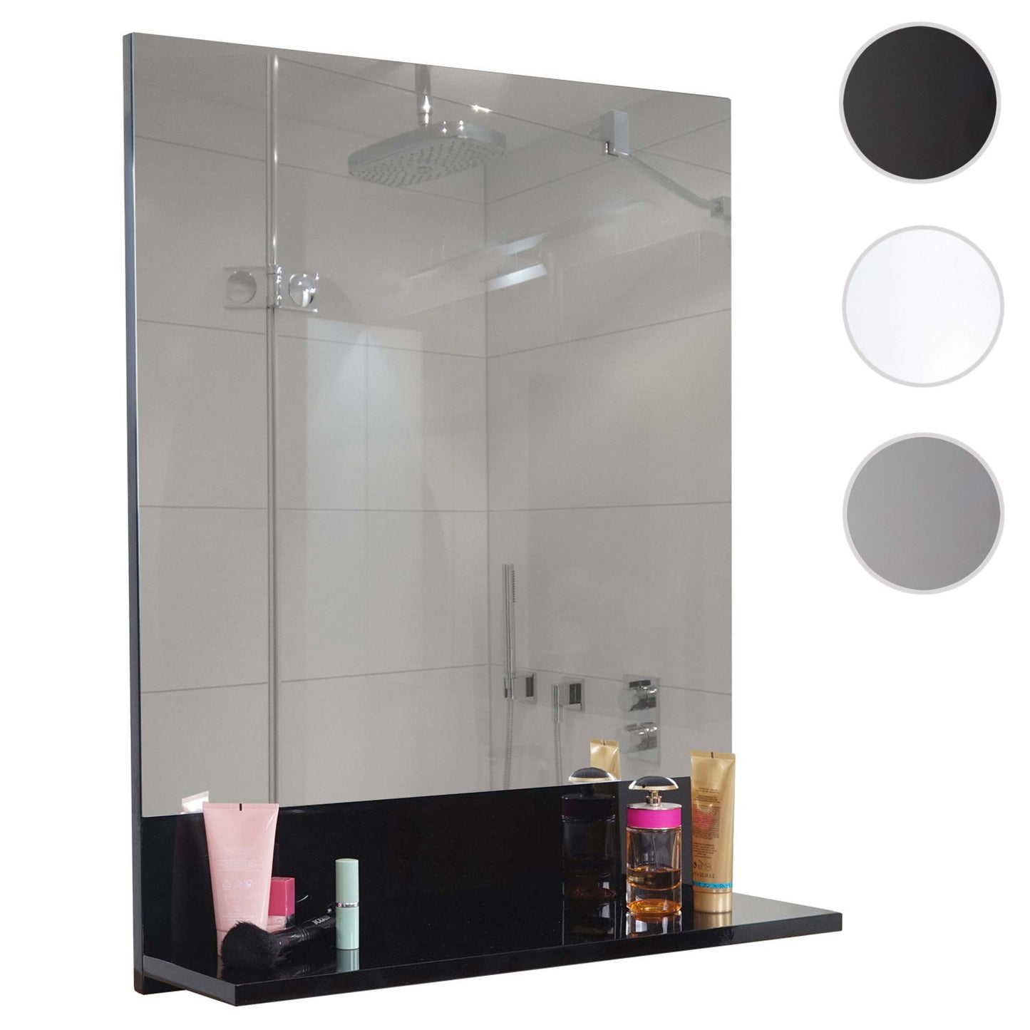 Wandspiegel met planchet MCW-B19, badkamerspiegel badkamer, hoogglans 75x60cm ~ zwart