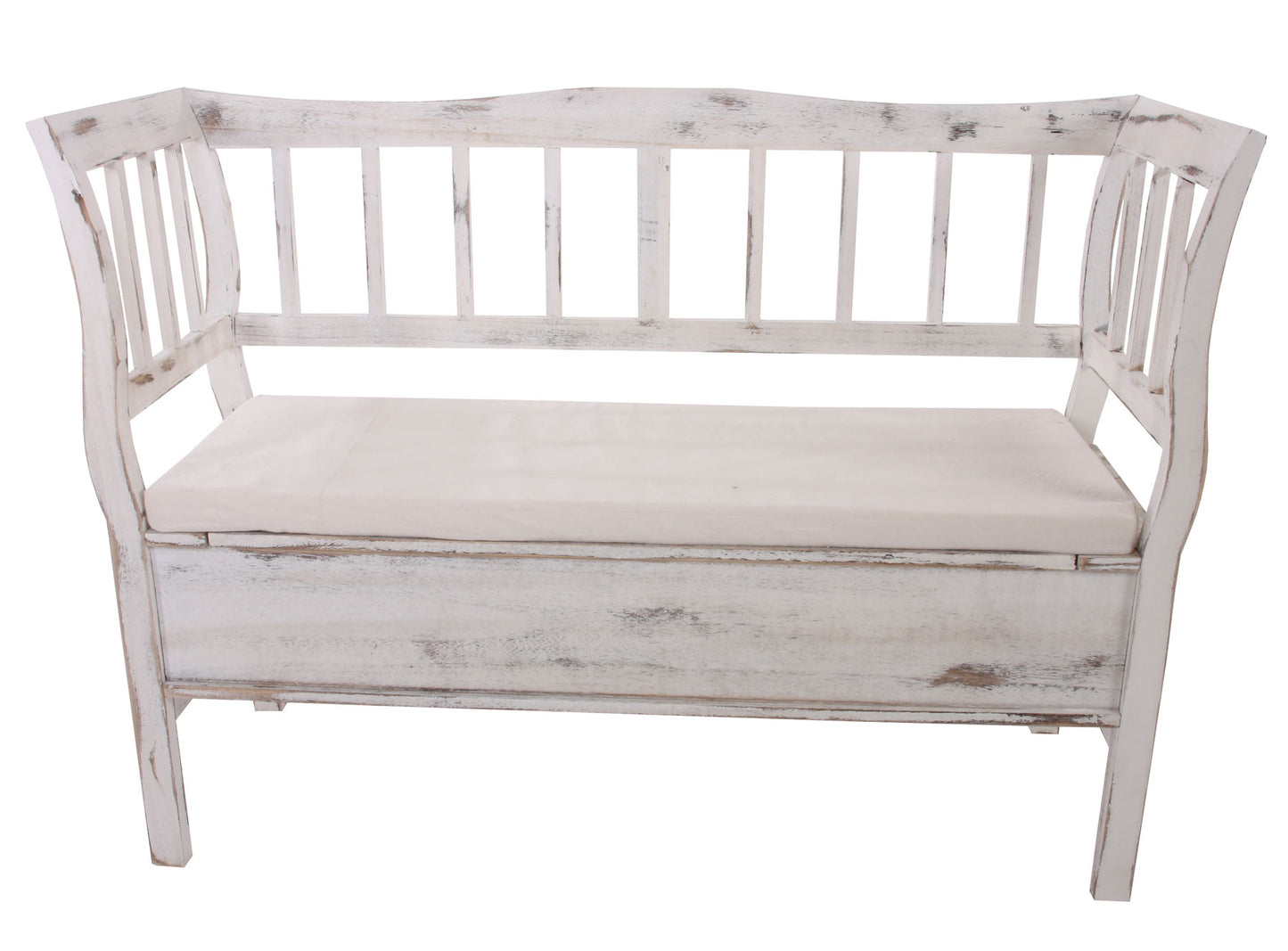 Bank T207, bankkist houten bank opbergkist, opbergvak kussen hout 119cm ~ wit, shabby