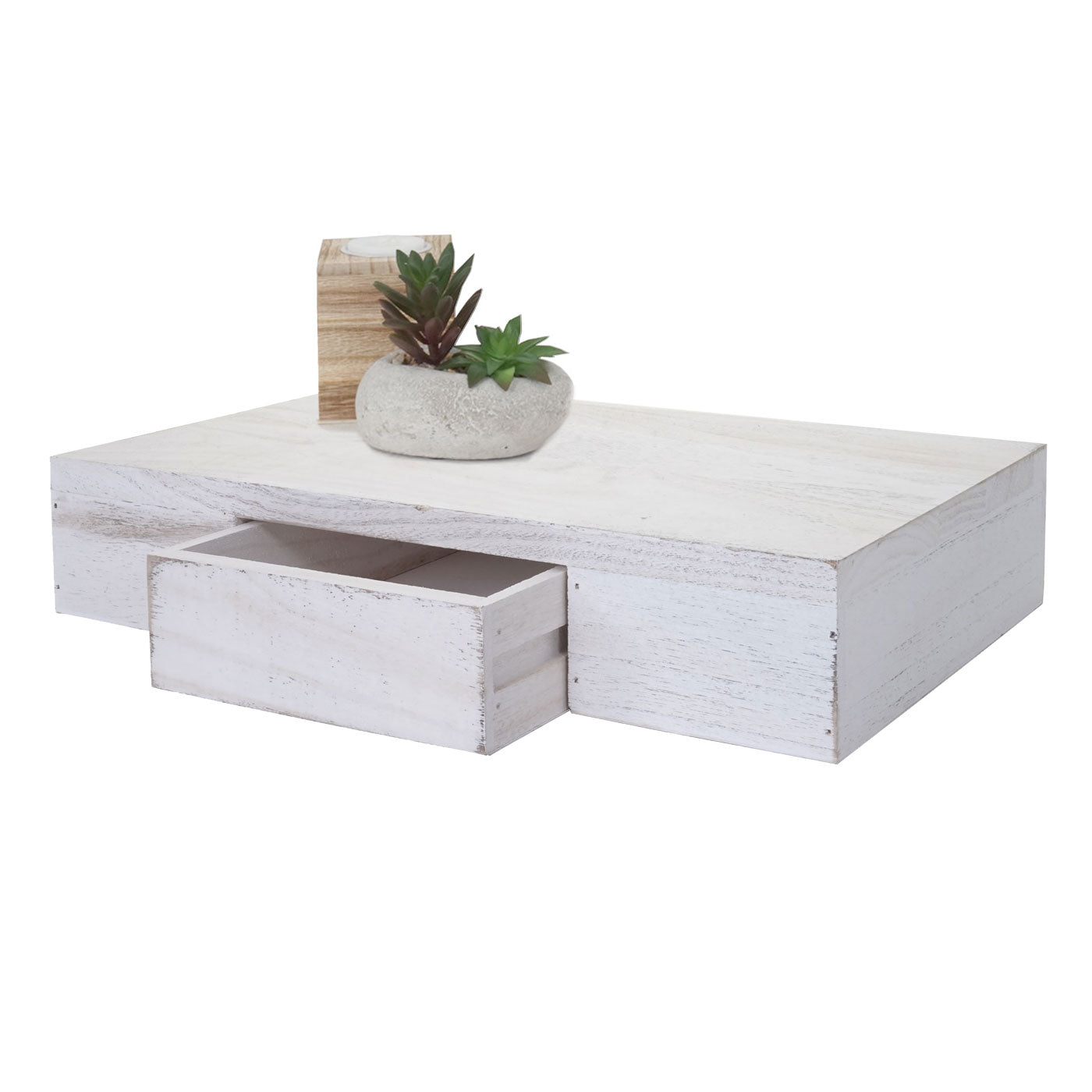 Wandplank Oise, hangplank met lade, 40cm ~ wit shabby