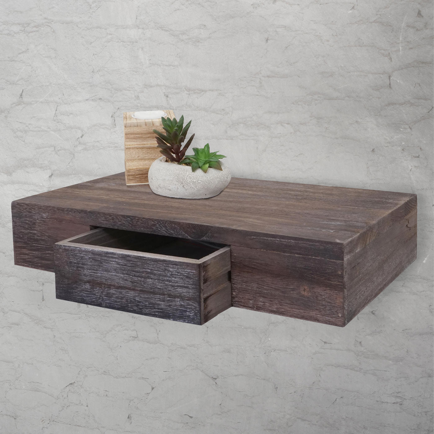 Wandplank Oise, hangplank met lade, 40cm ~ bruin shabby