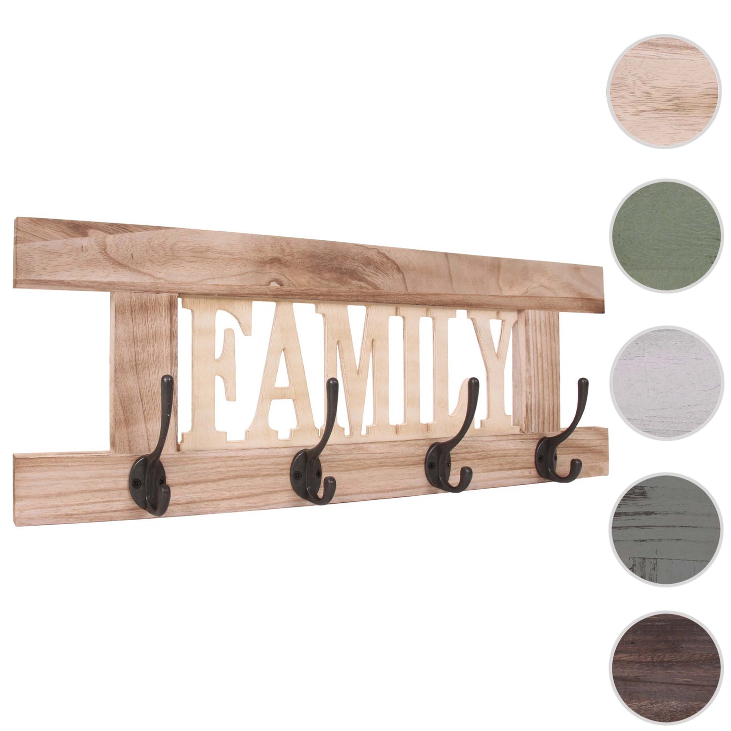 Wandkapstok MCW-C60 Familie, kapstok, kapstokpaneel, shabby look vintage 60x21cm ~ natuurlijk bruin