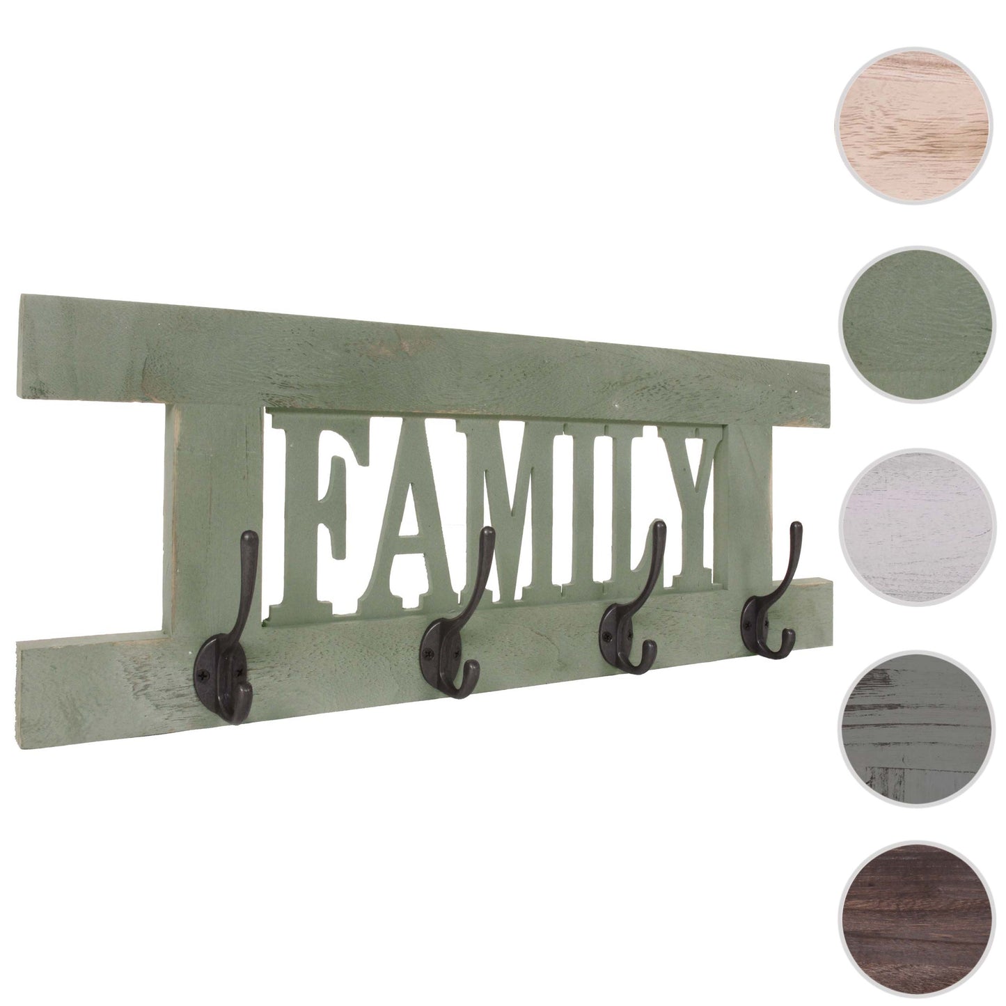 Wandkapstok MCW-C60 Familie, kapstok, kapstokpaneel, shabby look vintage 60x21cm ~ groen, shabby