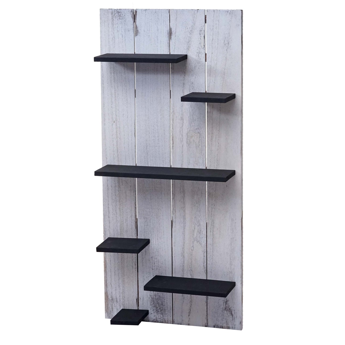 Wandplank MCW-C65, wandpaneel houten plank, 6 niveaus 110x50x14cm massief hout vintage ~ wit/donkergrijs shabby