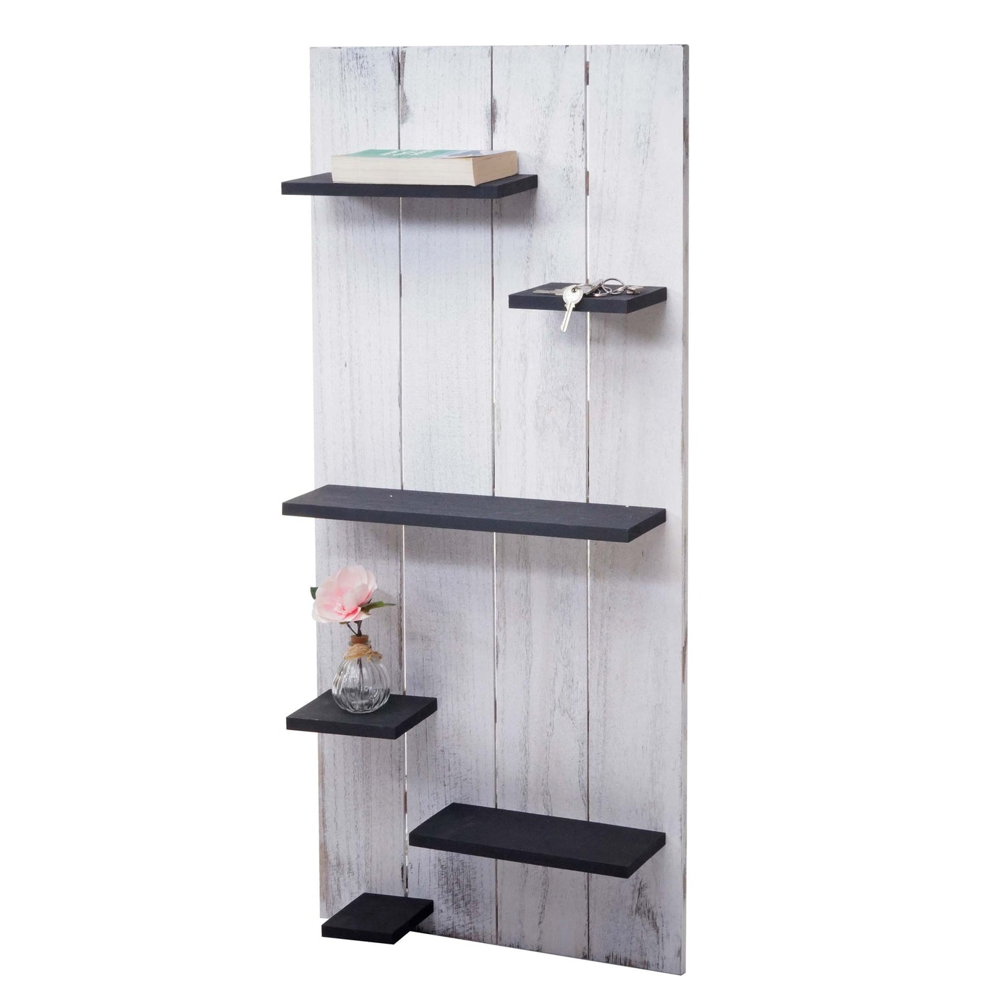 Wandplank MCW-C65, wandpaneel houten plank, 6 niveaus 110x50x14cm massief hout vintage ~ wit/donkergrijs shabby