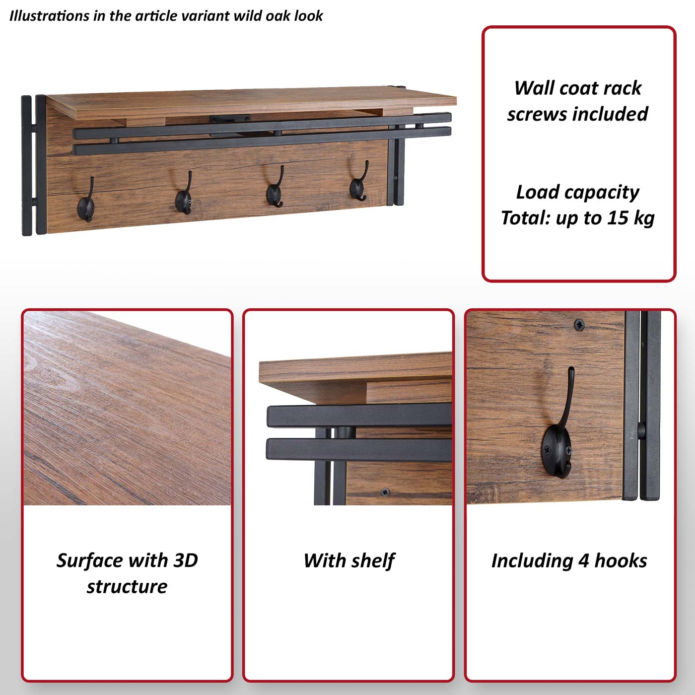 Wandkapstok MCW-A27, kapstokplank, 4 haken 24x75x24cm 3D structuur ~ Wilde eik look