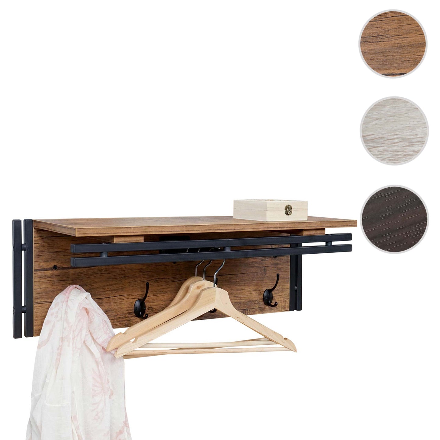 Wandkapstok MCW-A27, kapstokplank, 4 haken 24x75x24cm 3D structuur ~ Wilde eik look