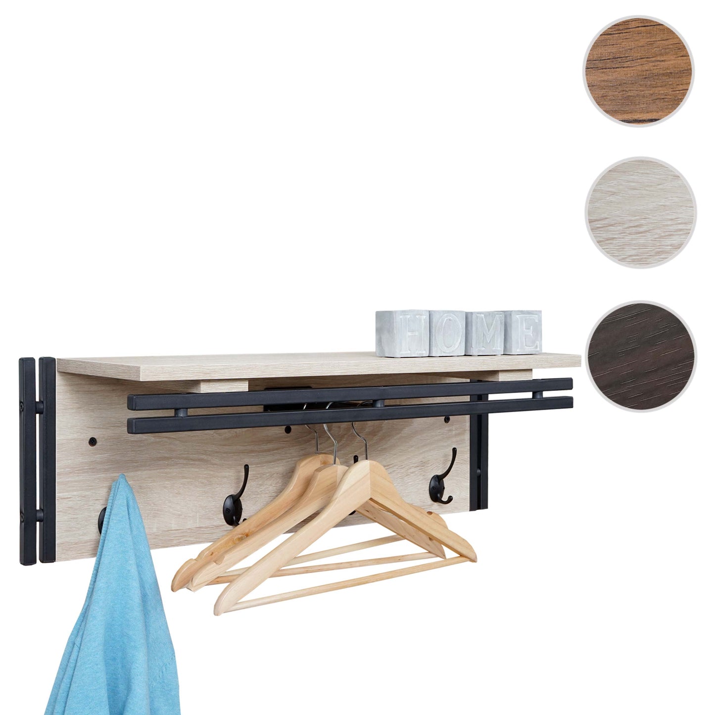 Wandkapstok MCW-A27, kapstokplank, 4 haken 24x75x24cm 3D structuur ~ eiken look