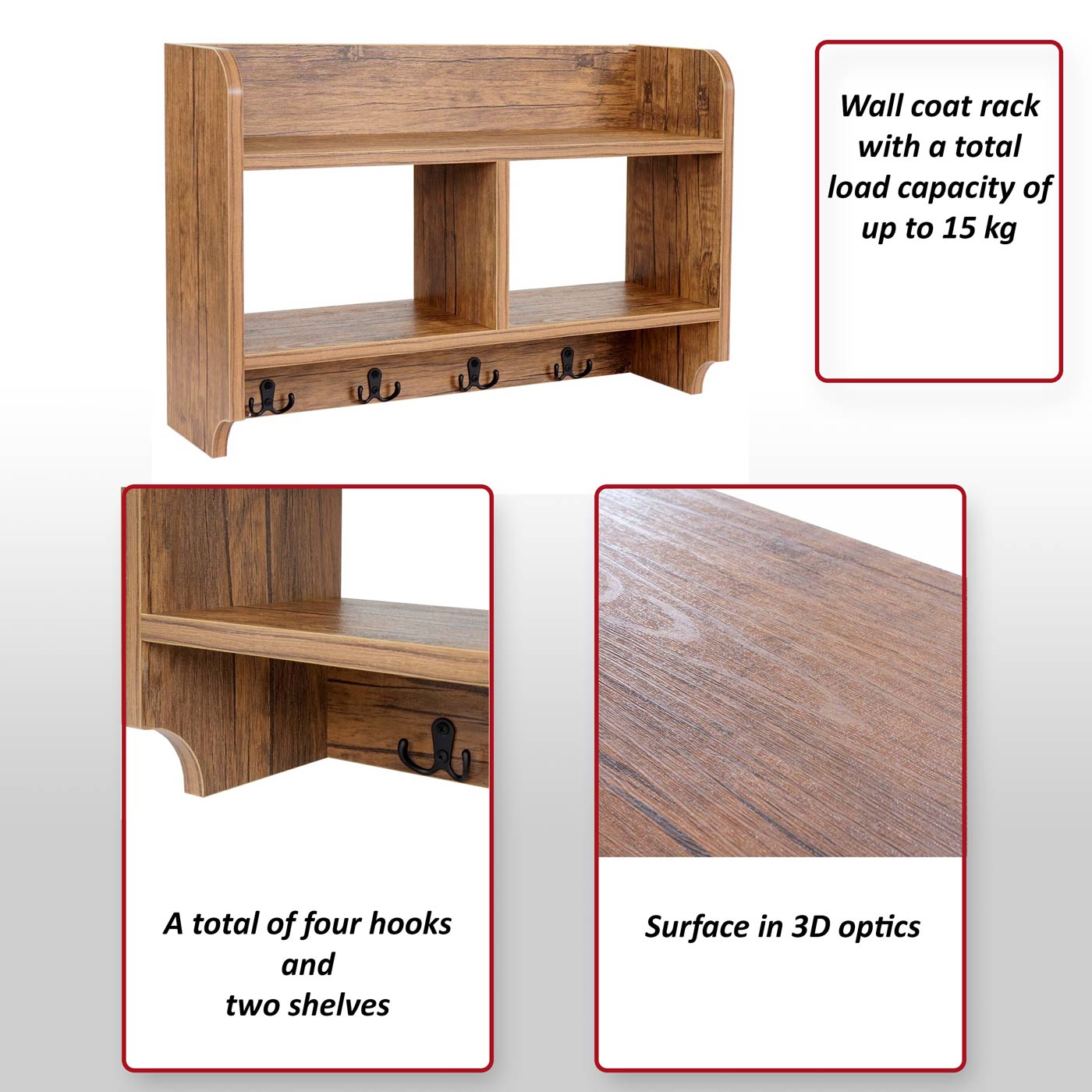 Wandkapstok MCW-C68, kapstokplank, 4 haken 2 planken, 41x60x19cm 3D structuur ~ eiken look