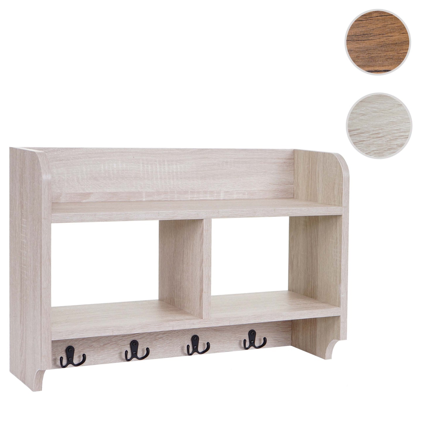 Wandkapstok MCW-C68, kapstokplank, 4 haken 2 planken, 41x60x19cm 3D structuur ~ eiken look