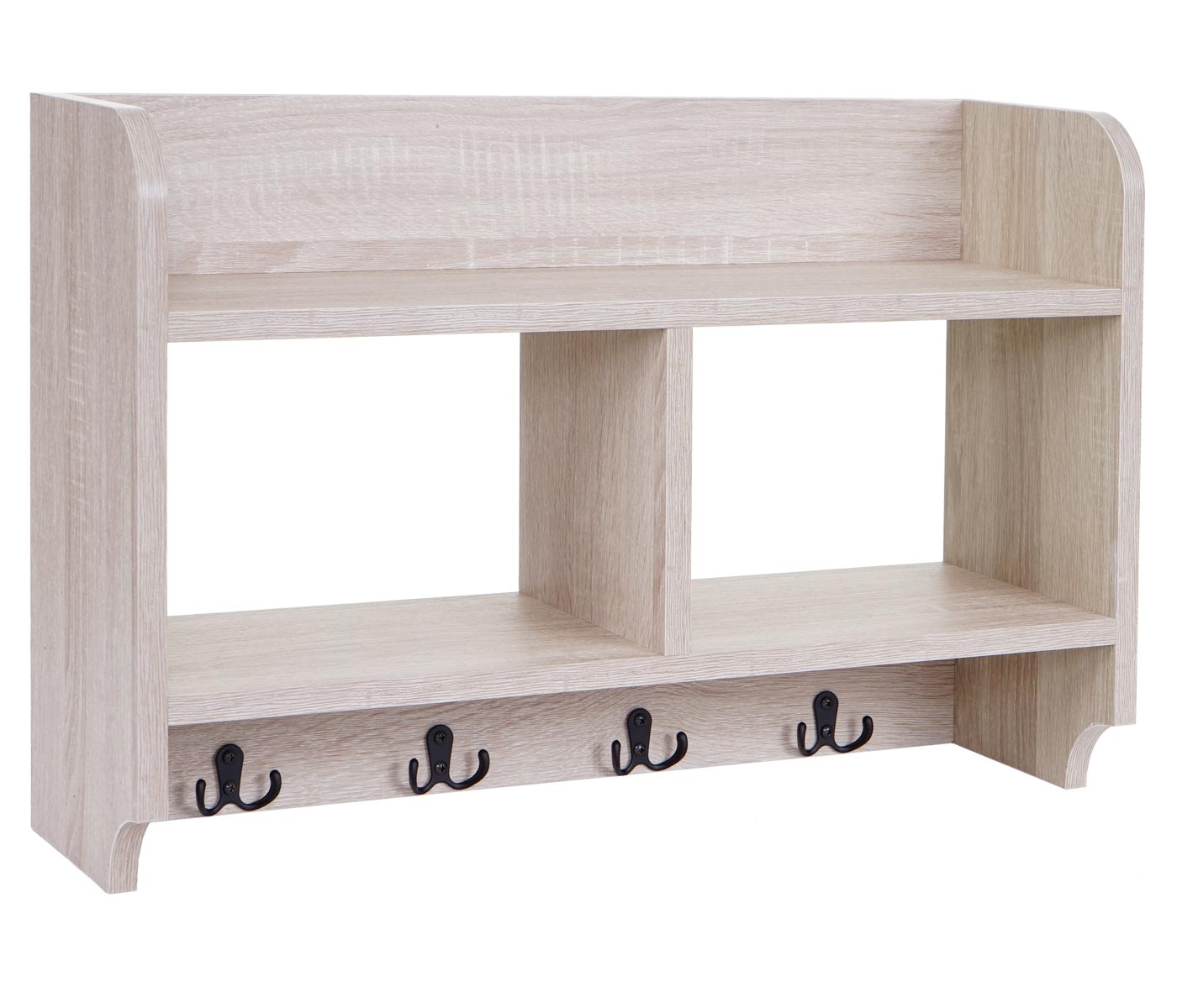 Wandkapstok MCW-C68, kapstokplank, 4 haken 2 planken, 41x60x19cm 3D structuur ~ eiken look