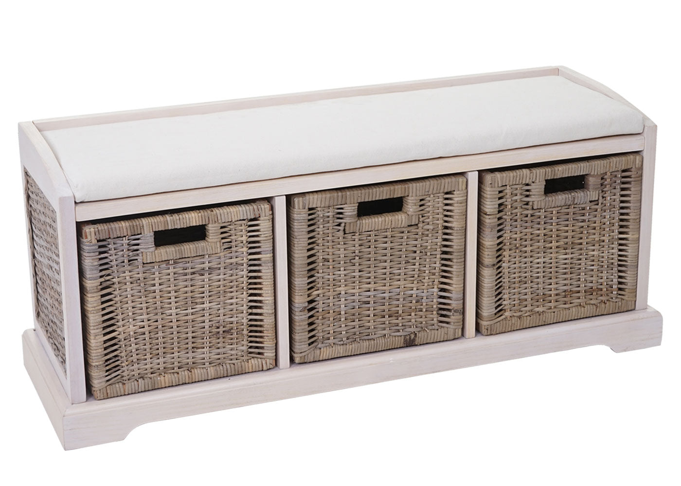 Bienne bank, opbergdoos, 3 manden, Kubu rotan vlechtwerk, 112x46x37cm ~ wit