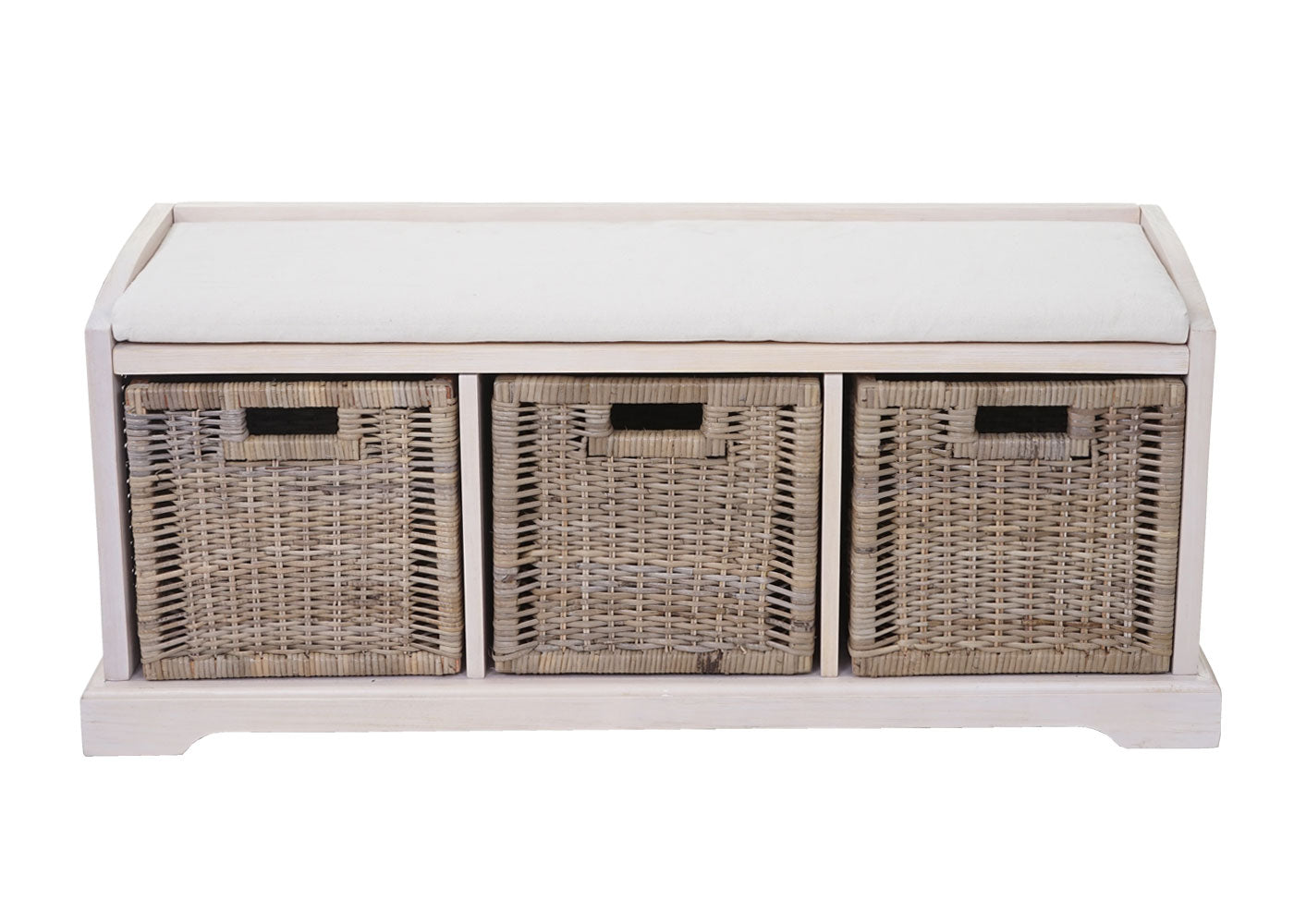 Bienne bank, opbergdoos, 3 manden, Kubu rotan vlechtwerk, 112x46x37cm ~ wit