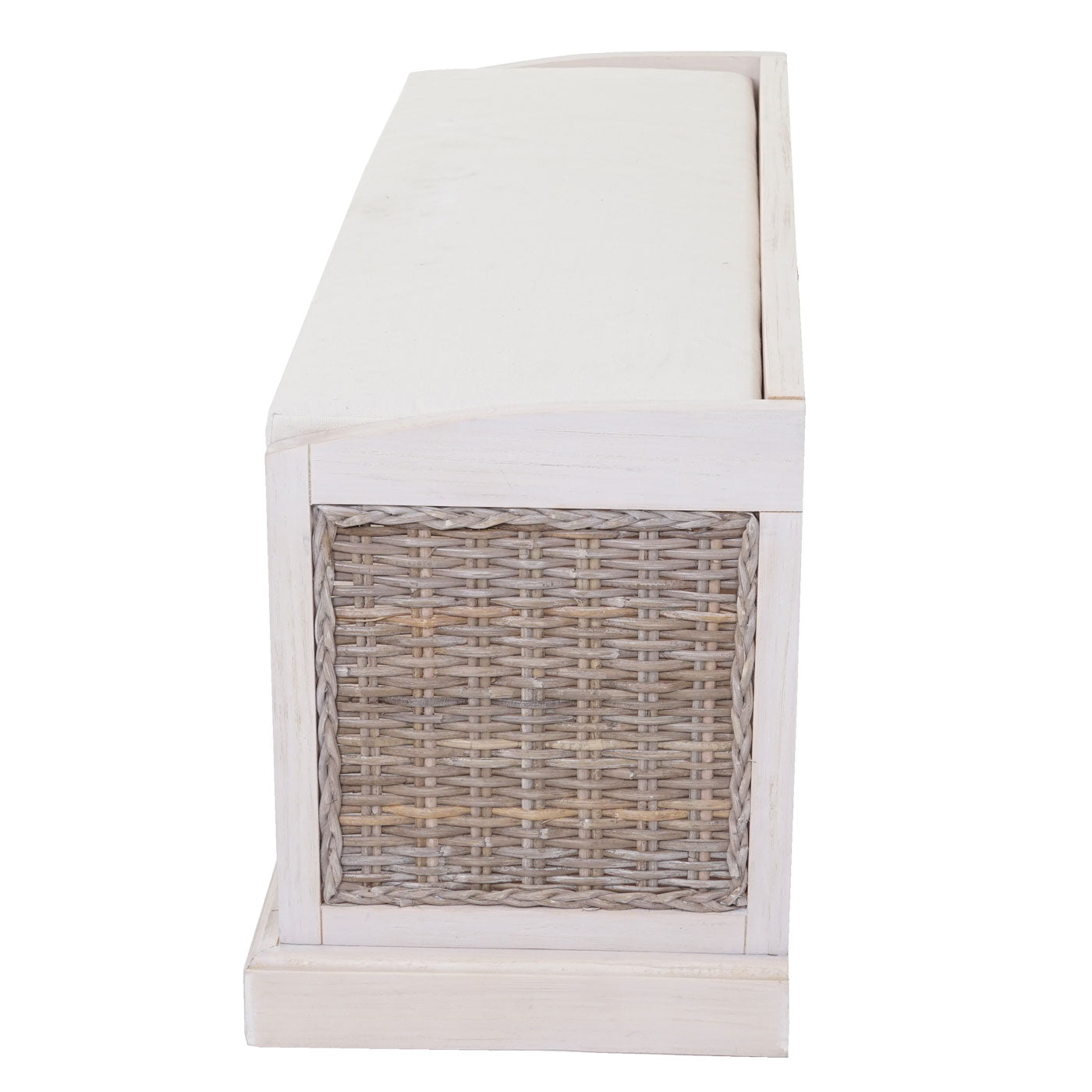 Bienne bank, opbergdoos, 3 manden, Kubu rotan vlechtwerk, 112x46x37cm ~ wit