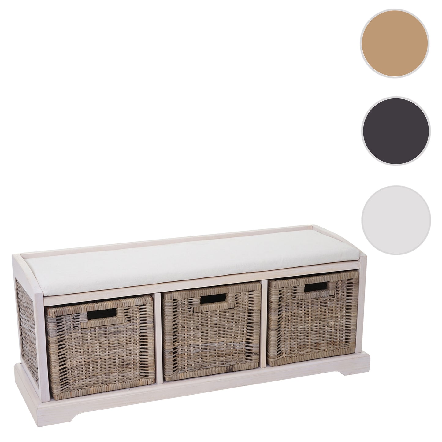 Bienne bank, opbergdoos, 3 manden, Kubu rotan vlechtwerk, 112x46x37cm ~ wit