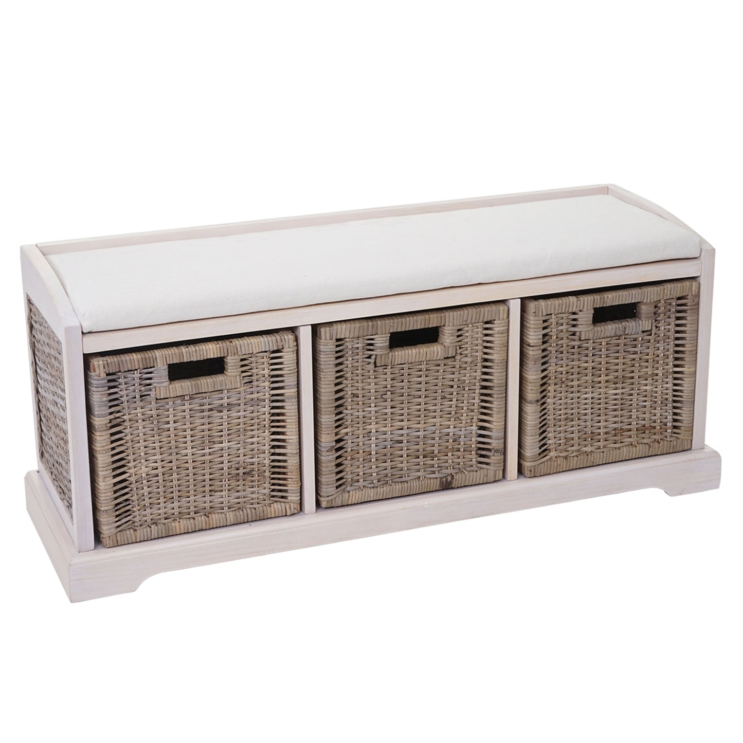 Bienne bank, opbergdoos, 3 manden, Kubu rotan vlechtwerk, 112x46x37cm ~ wit