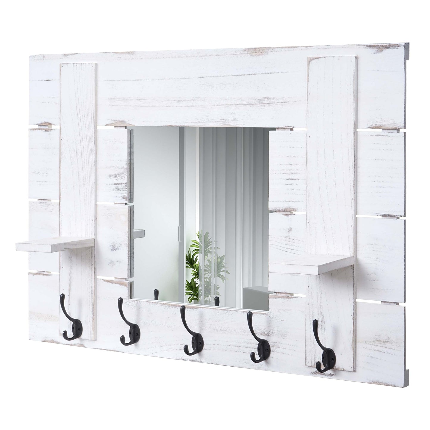 Wandkapstok MCW-C89 met spiegel, kapstok paneel kapstok, shabby look vintage, 5 haken 90x60cm ~ wit, shabby