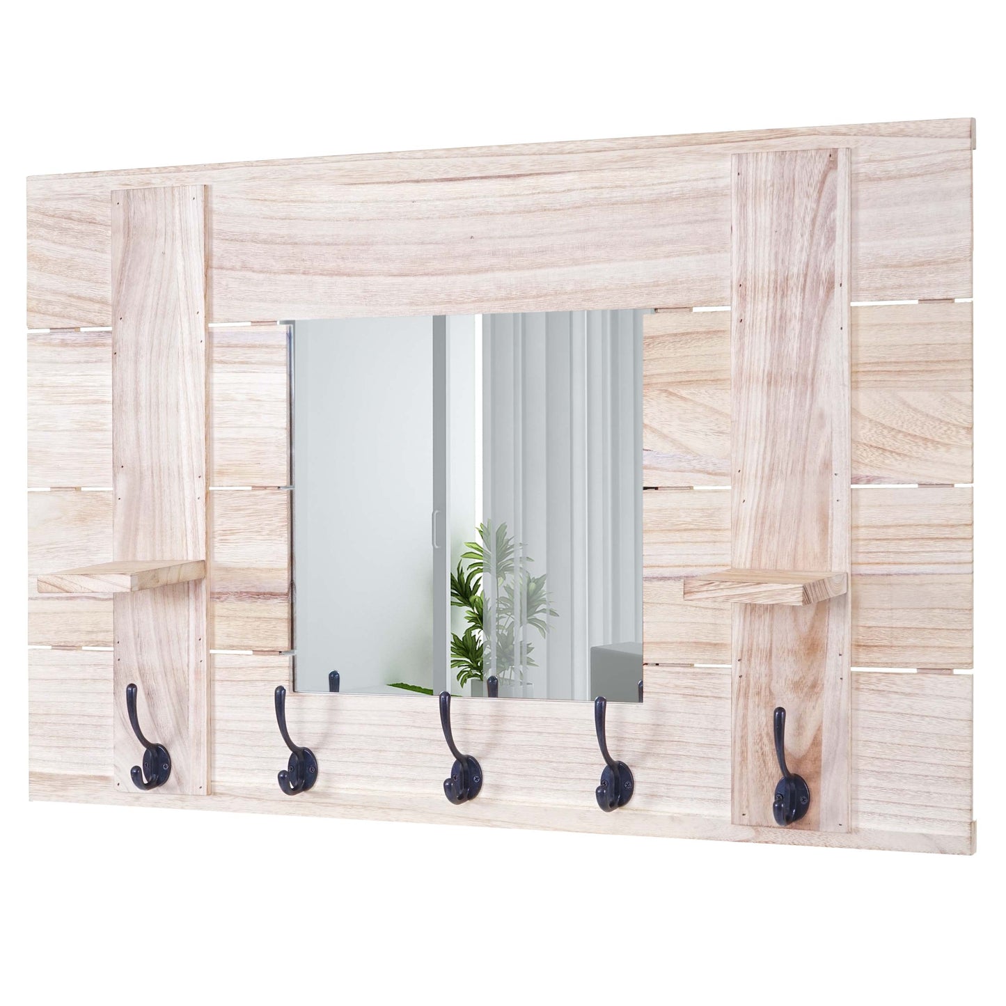 Wandkapstok MCW-C89 met spiegel, kapstokpaneel, shabby look vintage, 5 haken 90x60cm ~ natuurlijk bruin