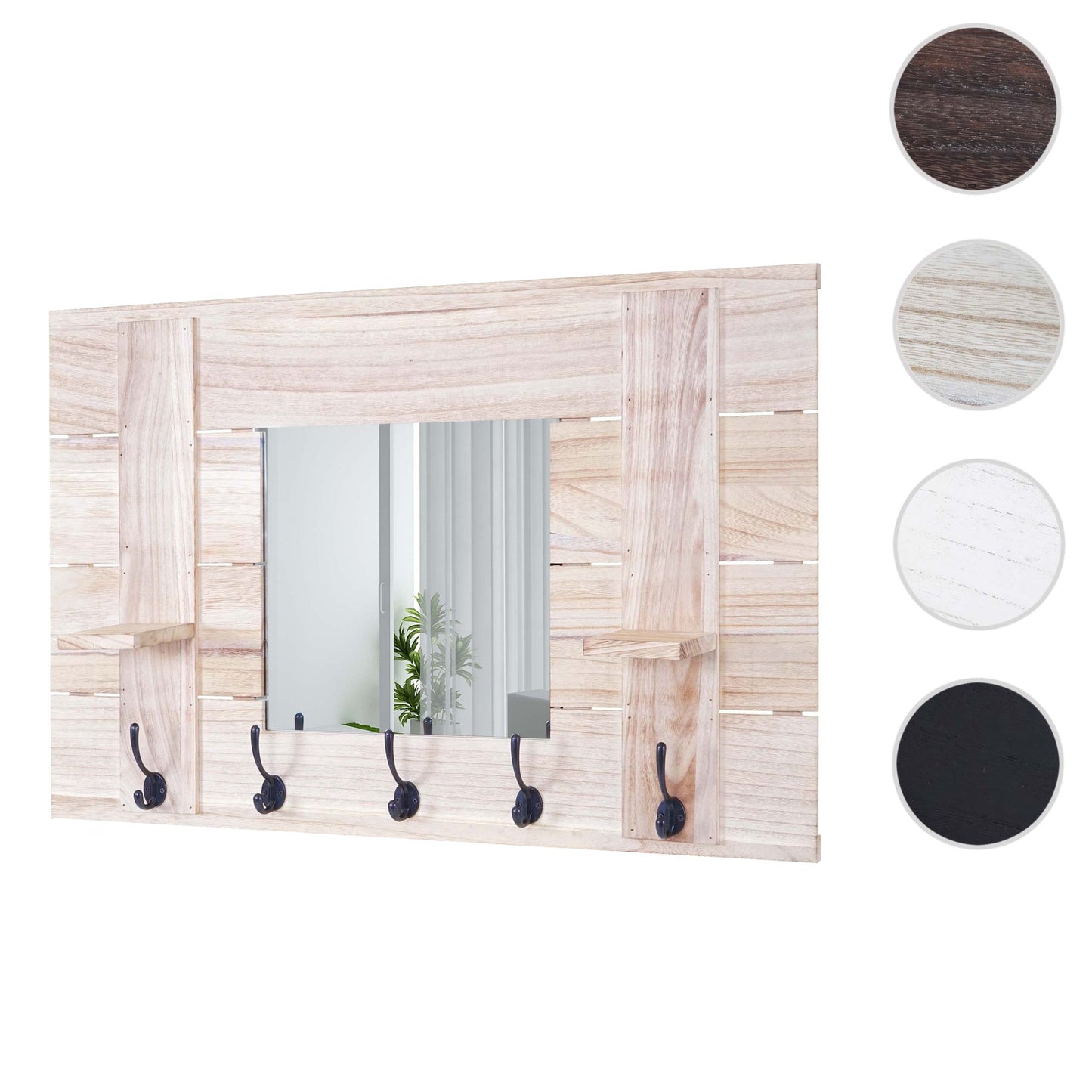 Wandkapstok MCW-C89 met spiegel, kapstokpaneel, shabby look vintage, 5 haken 90x60cm ~ natuurlijk bruin