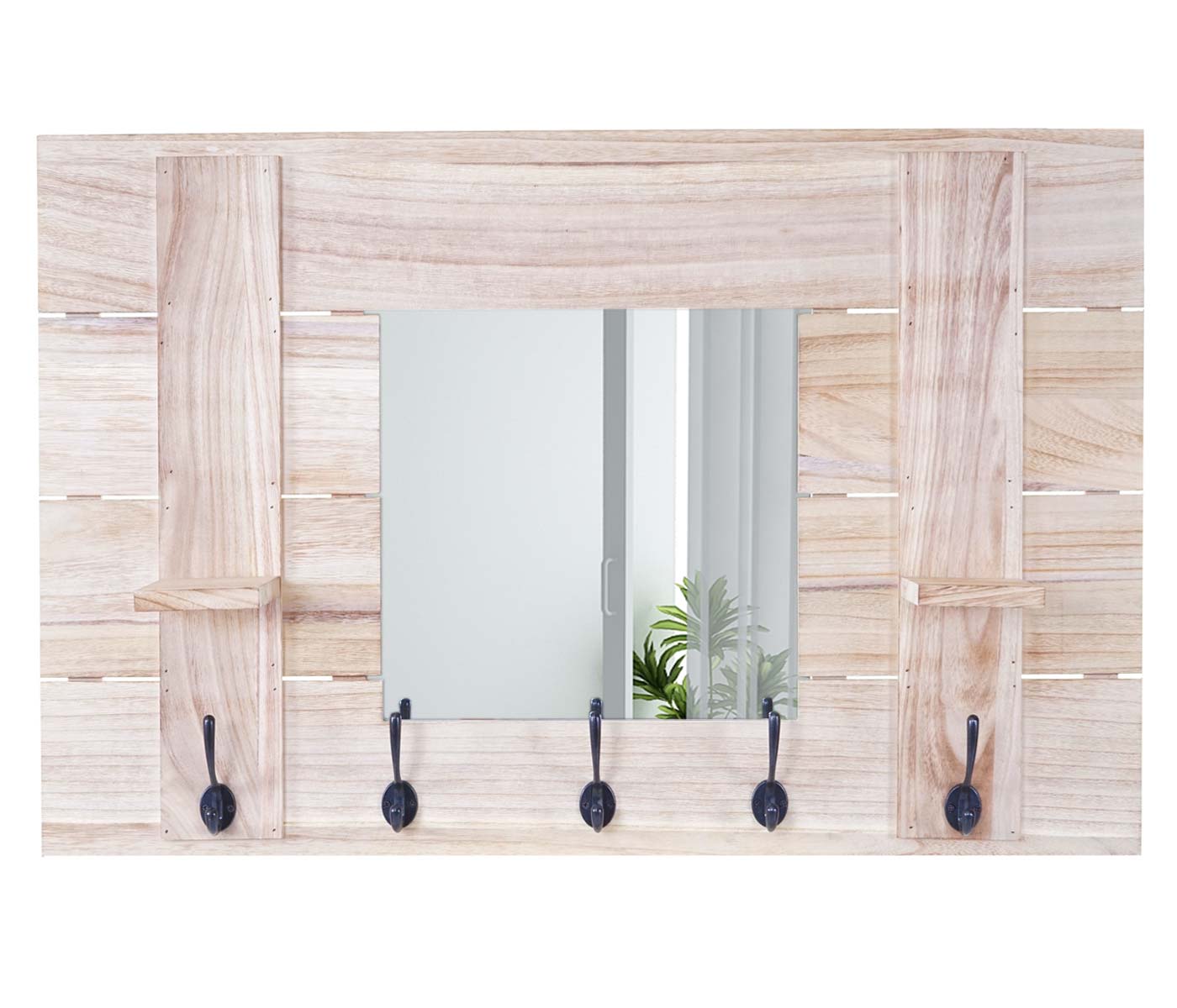 Wandkapstok MCW-C89 met spiegel, kapstokpaneel, shabby look vintage, 5 haken 90x60cm ~ natuurlijk bruin