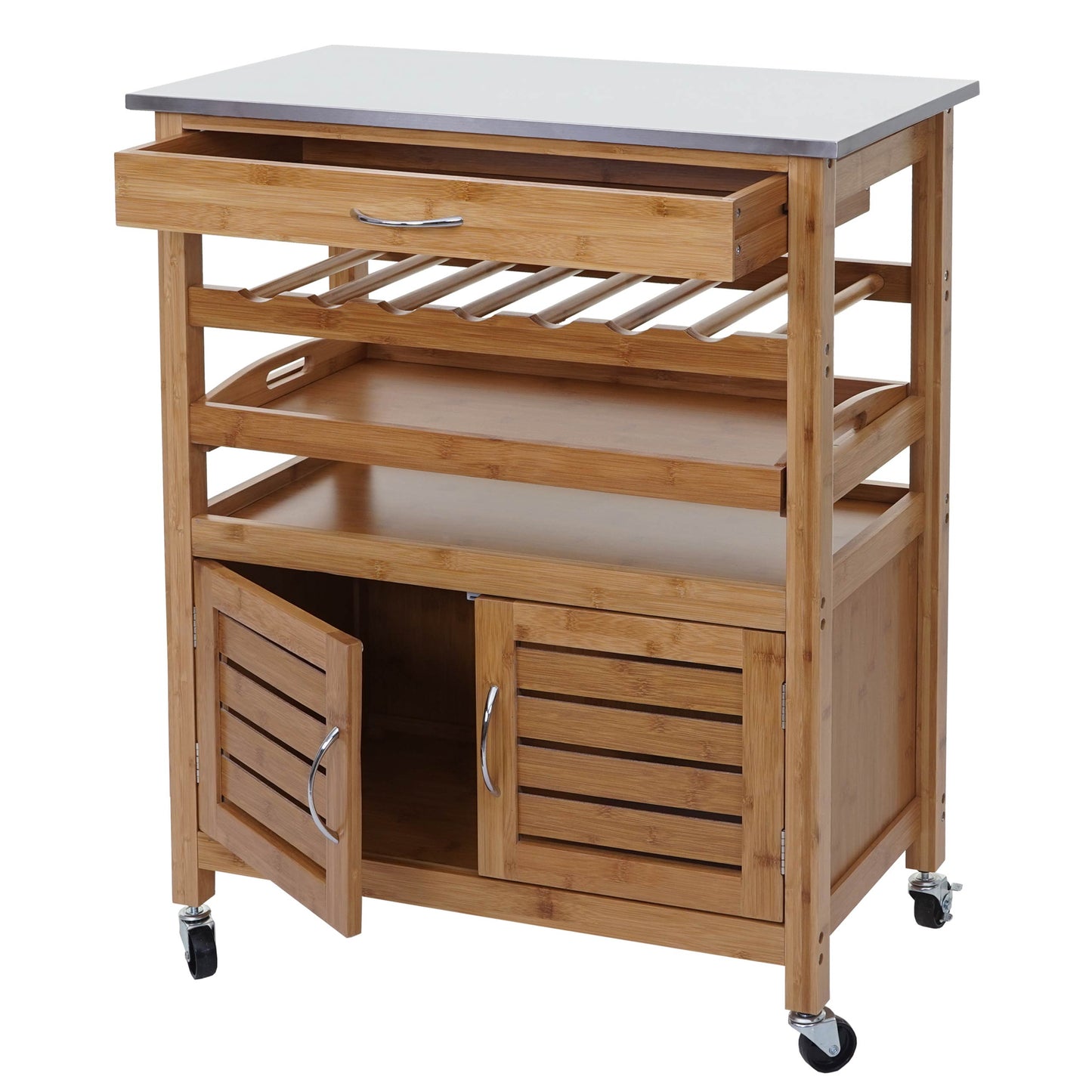 Serveerwagen MCW-D15, keukentrolley bar trolley keukentrolley, bamboe roestvrijstalen blad 89x70x37cm MVG