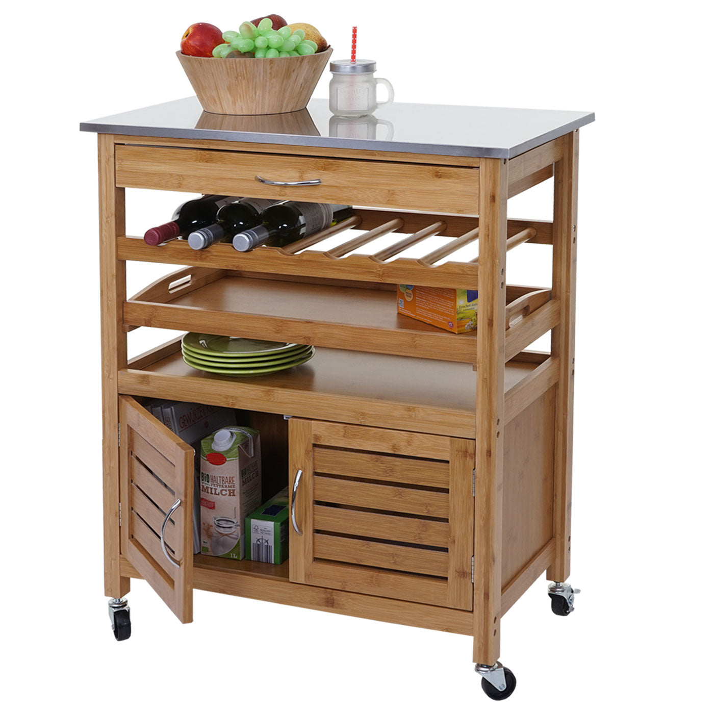 Serveerwagen MCW-D15, keukentrolley bar trolley keukentrolley, bamboe roestvrijstalen blad 89x70x37cm MVG