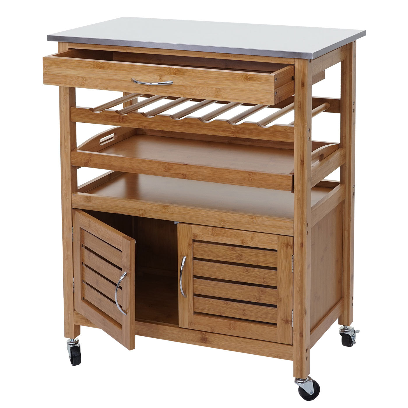 Serveerwagen MCW-D15, keukentrolley bar trolley keukentrolley, bamboe roestvrijstalen blad 89x70x37cm MVG