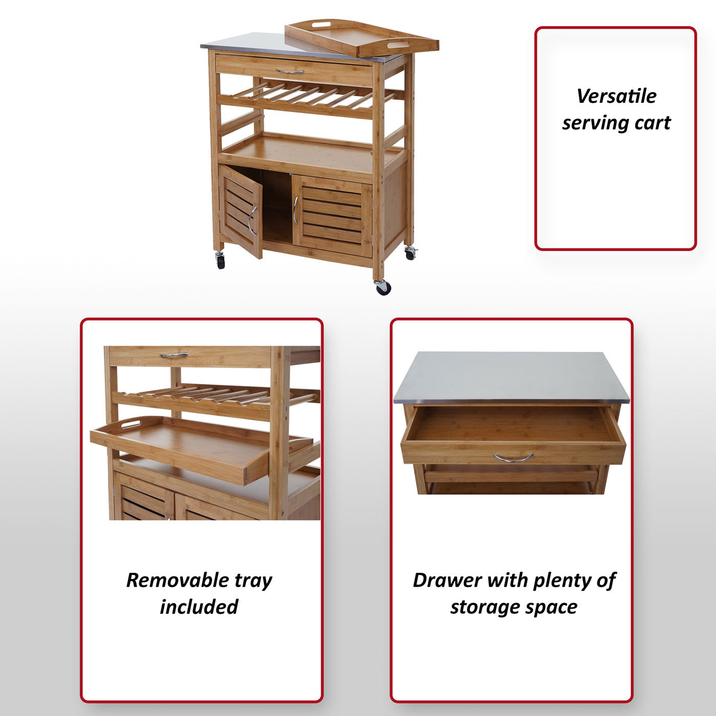 Serveerwagen MCW-D15, keukentrolley bar trolley keukentrolley, bamboe roestvrijstalen blad 89x70x37cm MVG