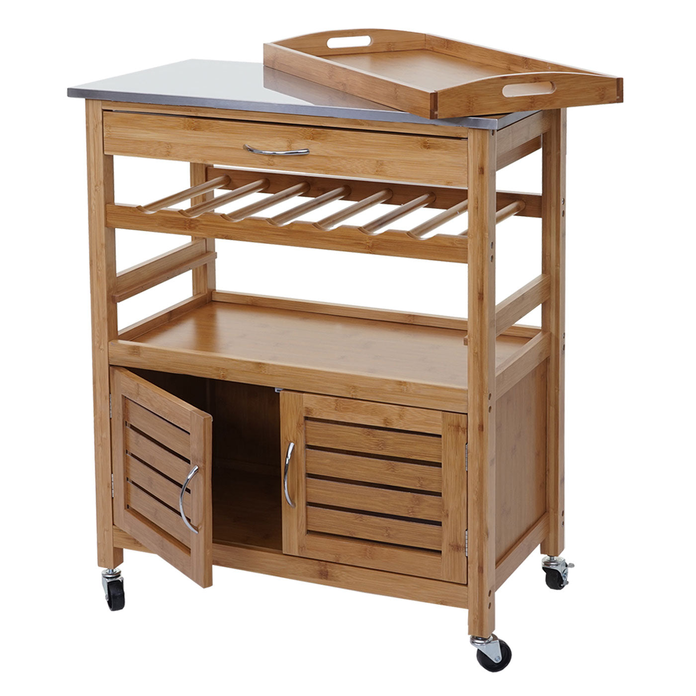 Serveerwagen MCW-D15, keukentrolley bar trolley keukentrolley, bamboe roestvrijstalen blad 89x70x37cm MVG