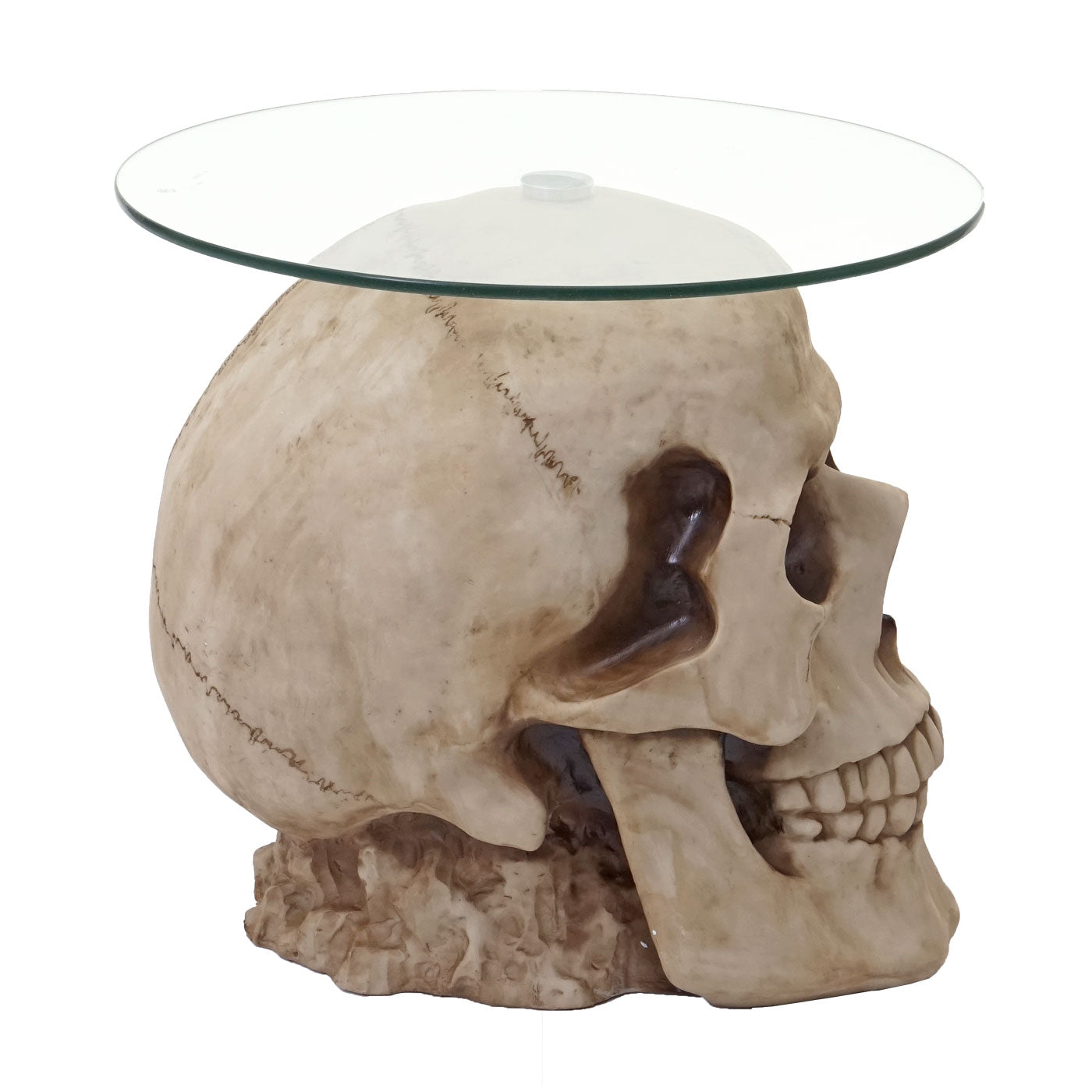 Bijzettafel schedel MCW-A19, glazen tafel woonkamertafel salontafel schedel, polyresin rond Ø55cm naturel