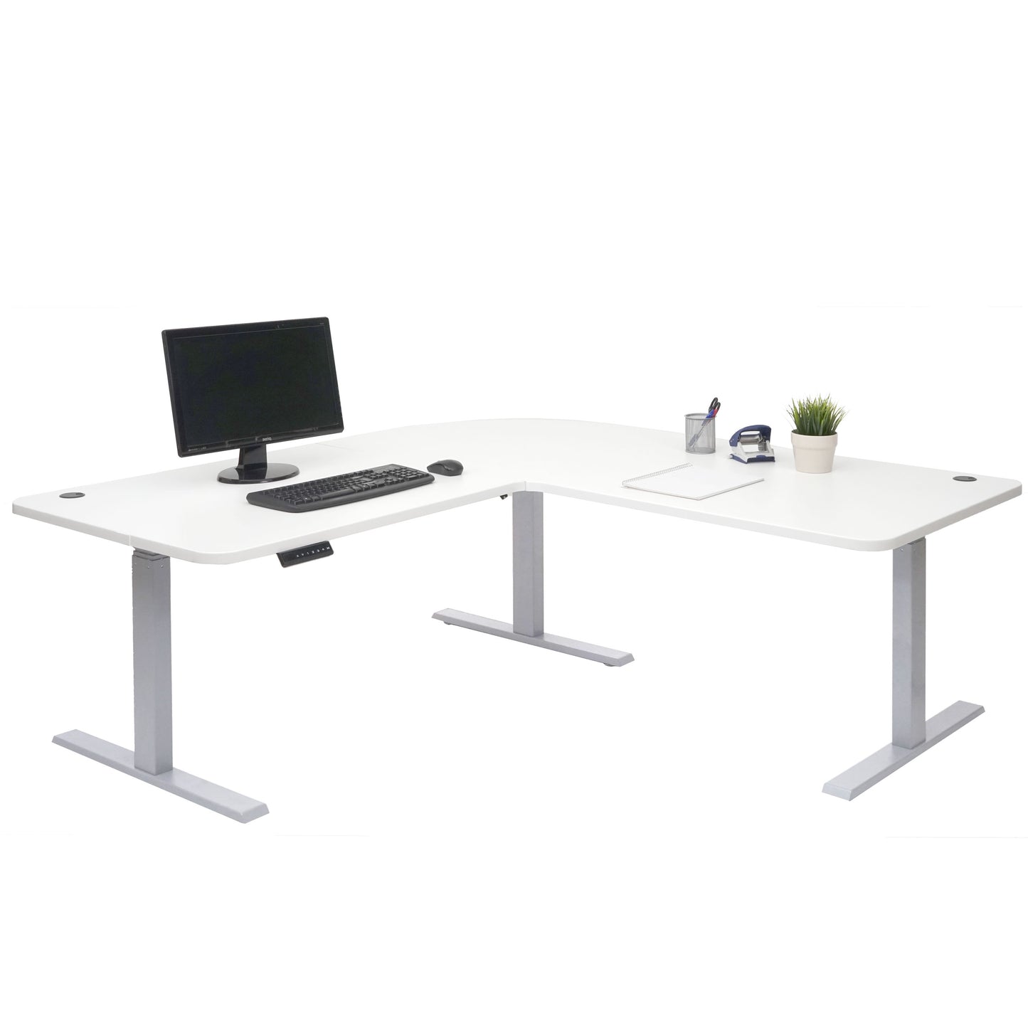 Hoekbureau MCW-D40, computerbureau elektrisch in hoogte verstelbaar 178x178cm 84kg MVG ~ wit, grijs