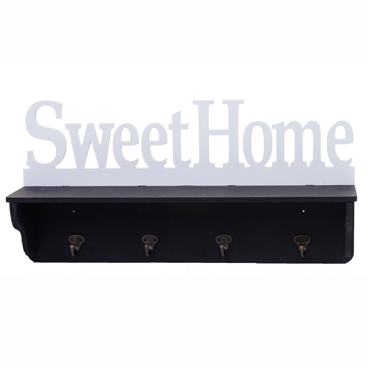 Wandkapstok MCW-D41 Sweet Home, kapstok plank, 4 haken solide 30x60x13cm ~ zwart/wit