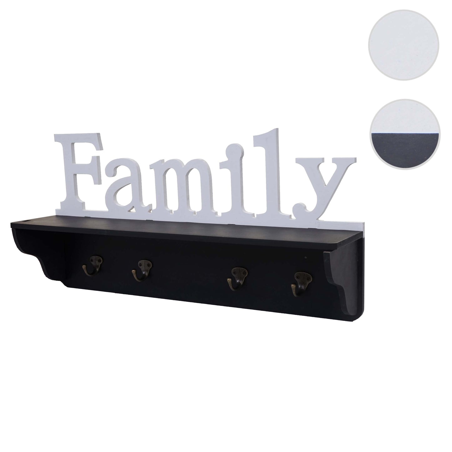 Wandkapstok MCW-D41 Family, kapstok plank, 4 haken solide 30x60x13cm ~ zwart/wit
