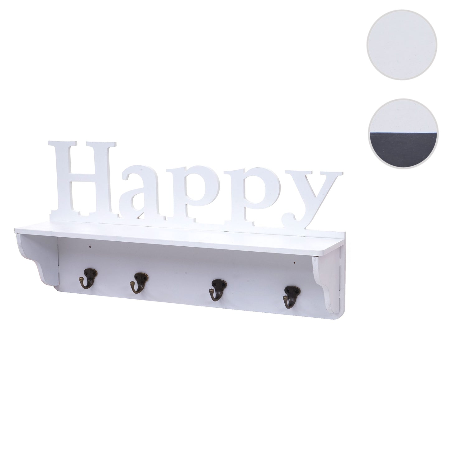 Wandkapstok MCW-D41 Happy, kapstok plank, 4 haken solide 30x60x13cm ~ wit