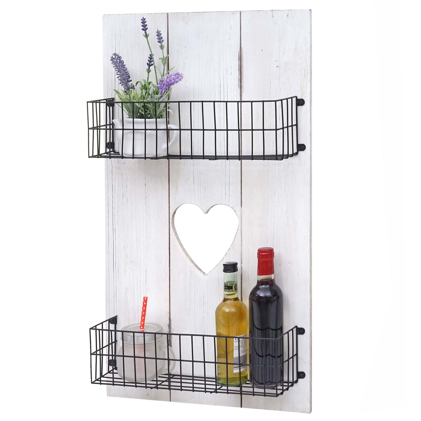 Wandplank MCW-D42, wandpaneel houten plank Legplank met manden, massief hout ~ wit shabby, 70x40x10cm