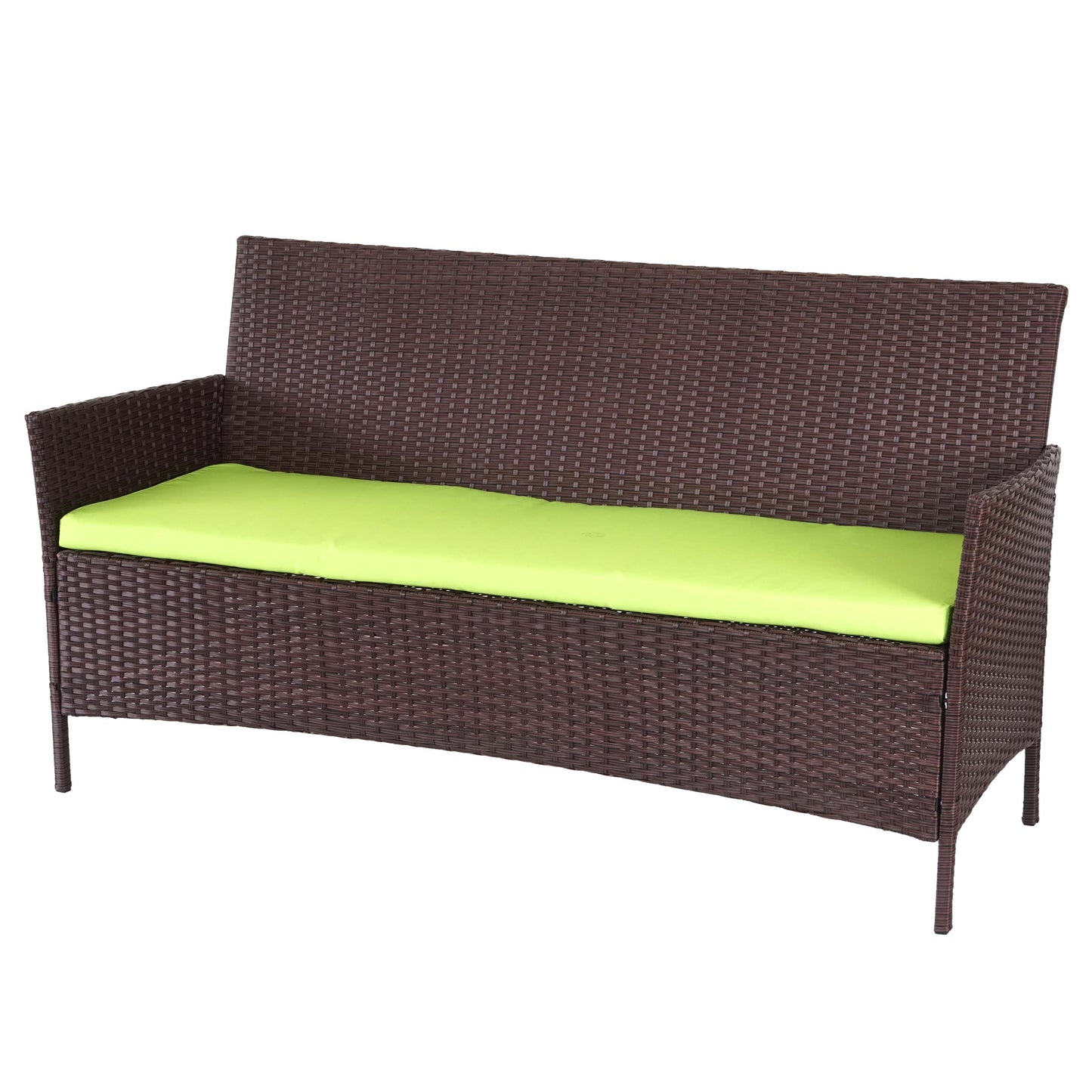 3-zits poly-rattan tuinbank Halden, bank ~ bruin-gemarmerd, groene kussens