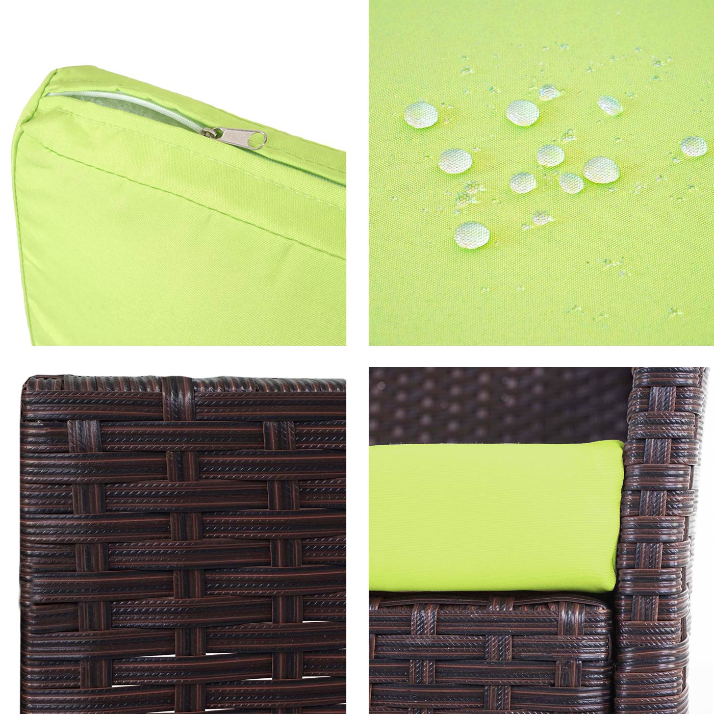 3-zits poly-rattan tuinbank Halden, bank ~ bruin-gemarmerd, groene kussens