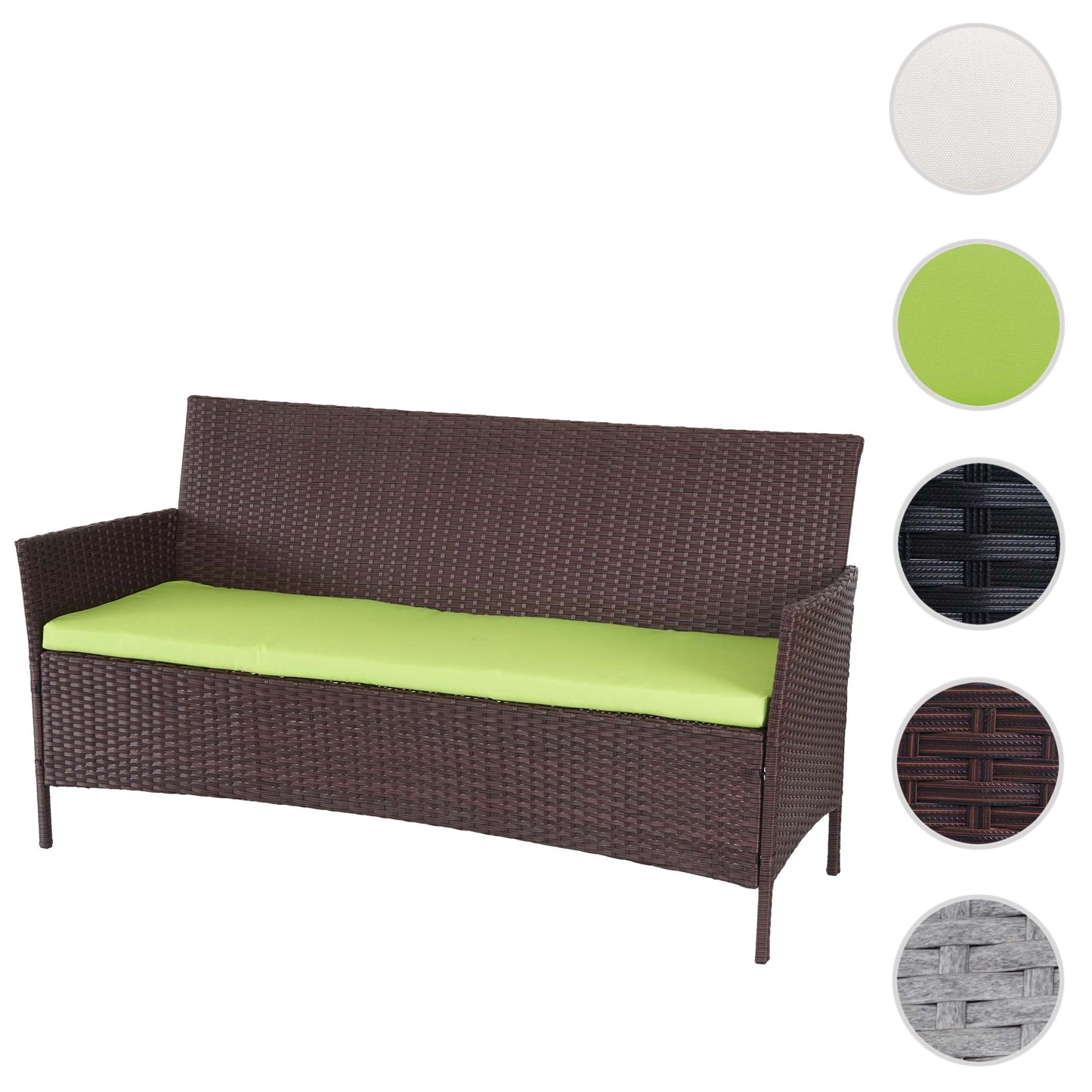 3-zits poly-rattan tuinbank Halden, bank ~ bruin-gemarmerd, groene kussens