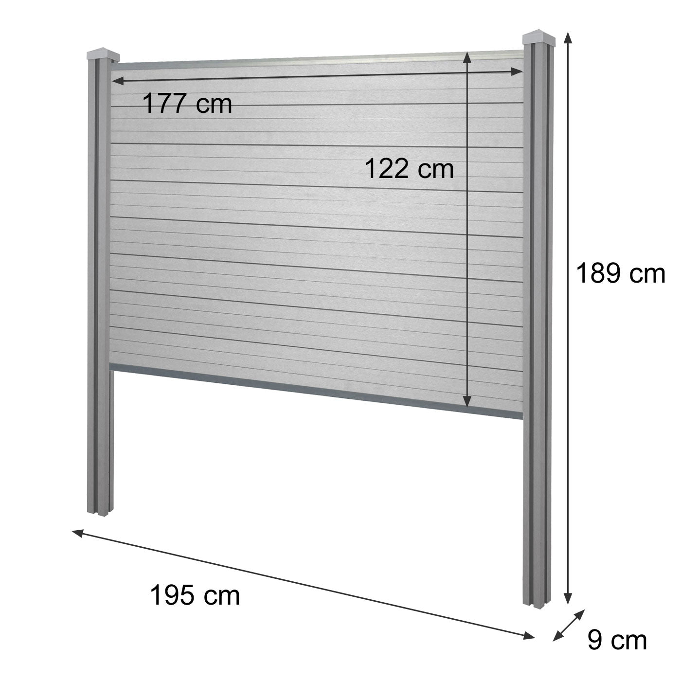 WPC privacyscherm Sarthe, schutting windscherm, WPC paal voor plaatsing in beton ~ basiselement, 195cm grijs