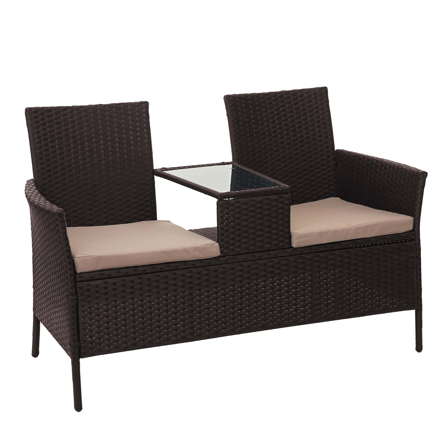 Poly-rattan bank met tafel MCW-E24, tuinbank zitgroep tuinbank, 132cm ~ bruin, kussens crème